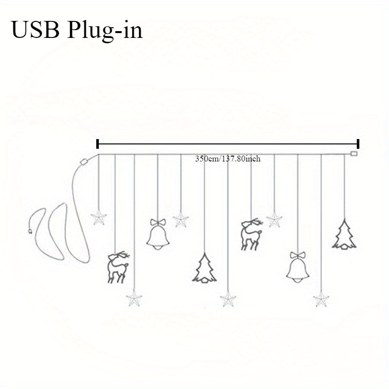 LED 11.5ft USB Powered Curtain Light Christmas Tree, Reindeer, Bells Curtain Lights for Christmas Wedding Party Bedroom Decoration, Warm White