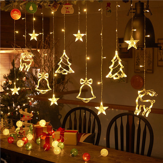 LED 11.5ft USB Powered Curtain Light Christmas Tree, Reindeer, Bells Curtain Lights for Christmas Wedding Party Bedroom Decoration, Warm White