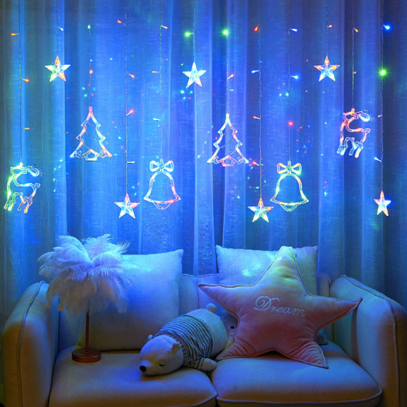 LED 11.5ft USB Powered Curtain Light Christmas Tree, Reindeer, Bells Curtain Lights for Christmas Wedding Party Bedroom Decoration, Warm White