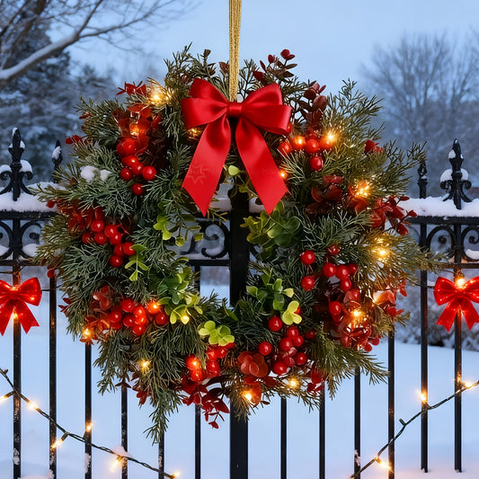 2pcs Realistic Artificial Christmas Wreath with Red Bow - Heavy-Duty Plastic Indoor/Outdoor Door & Wall Hanging Decor, Burgundy/Green Foliage with Pine Cones & Berries for Xmas, Thanksgiving, Easter - Year-Round Holiday Decor