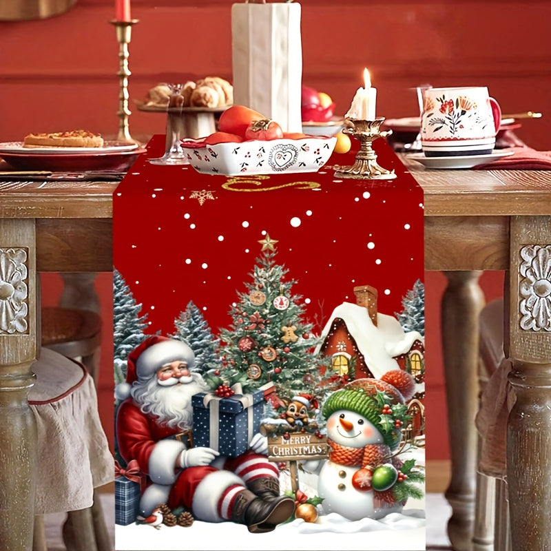 1pc Extra Long Christmas Table Runner - Large 180x35cm (70x14in) Red & Golden Holiday Table Decor with Santa, Snowman, Xmas Tree - Durable Polyester Table Cover for Christmas, New Year's, Parties - Easy-Clean Kitchen, Dining,