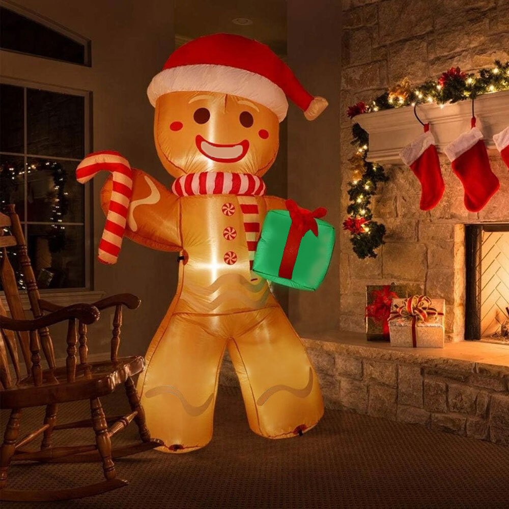 243.84cm Large Gingerbread Man Inflatable with Red & White Striped Scarf, Green Gift Box & Candy Canes - Outdoor Holiday Decoration for Christmas, No Electricity Needed, Festive Yard Display, Inflatable Christmas Decorations,