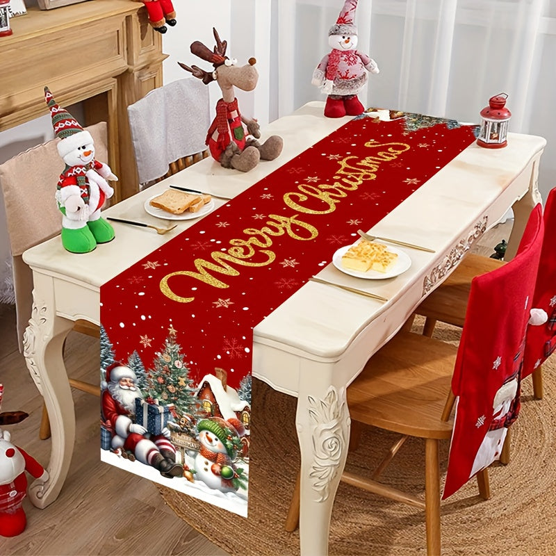 1pc Extra Long Christmas Table Runner - Large 180x35cm (70x14in) Red & Golden Holiday Table Decor with Santa, Snowman, Xmas Tree - Durable Polyester Table Cover for Christmas, New Year's, Parties - Easy-Clean Kitchen, Dining,