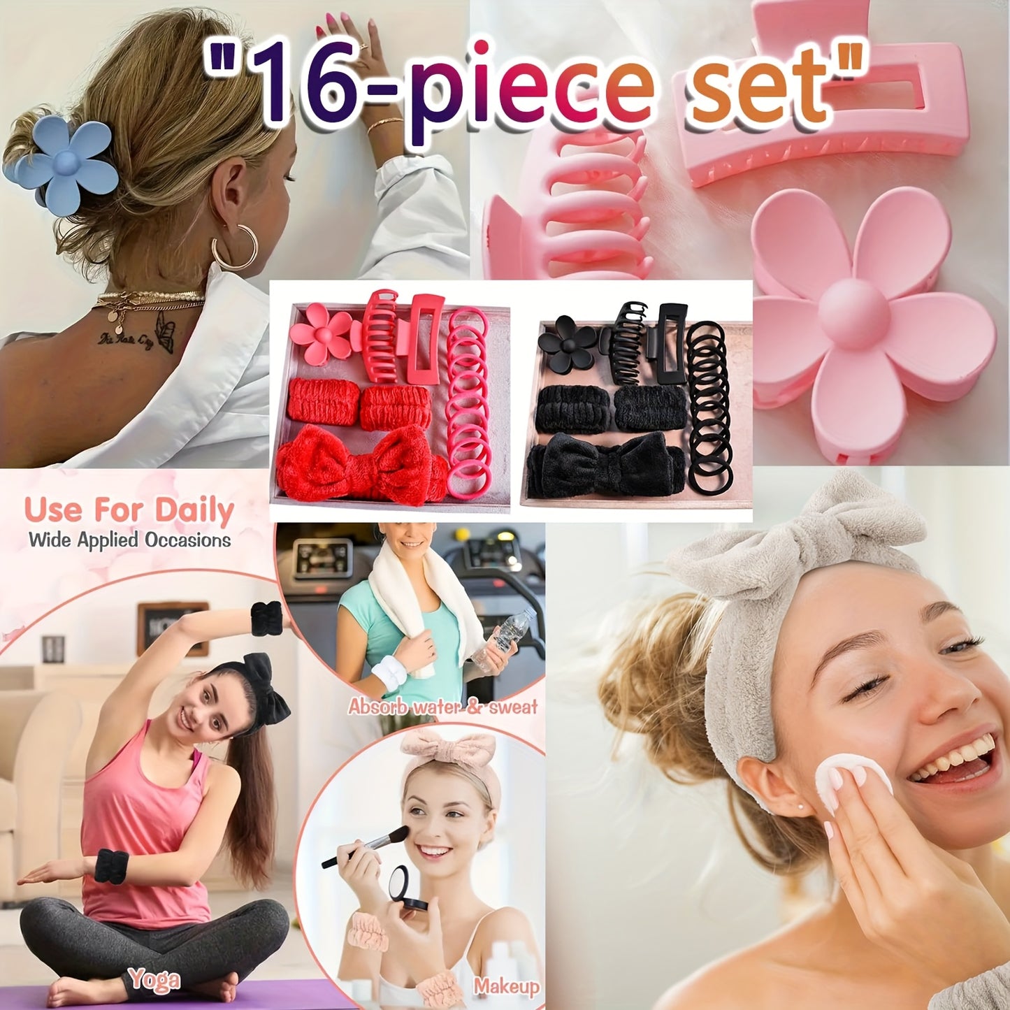 16-Piece Face Wash Band & Sponge Set – Multicolor Headbands & Wristbands