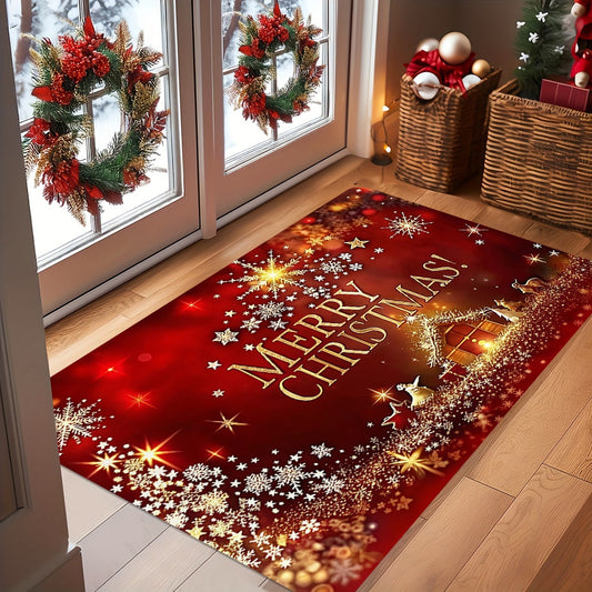 1pc Red & Golden Christmas Doormat, Merry Christmas Lettering, Non-Slip Bathroom/Entryway/Porch Mat, Machine Washable Indoor/Outdoor Holiday Decor, Christmas Decorations For Home, Festive Home Accent, Durable Floor Covering