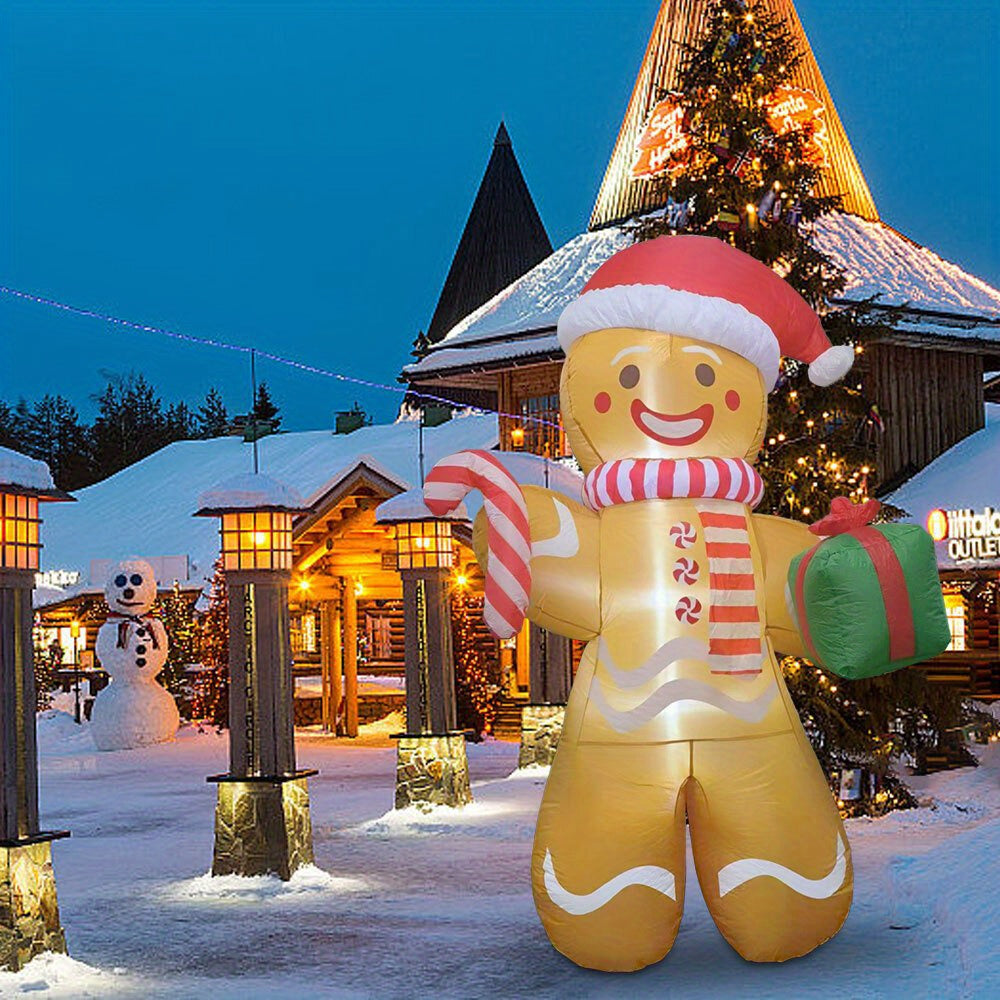 243.84cm Large Gingerbread Man Inflatable with Red & White Striped Scarf, Green Gift Box & Candy Canes - Outdoor Holiday Decoration for Christmas, No Electricity Needed, Festive Yard Display, Inflatable Christmas Decorations,