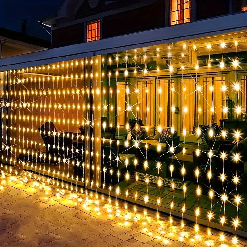 LED Curtain Light String Lights, Outdoor Wedding Party Romantic Christmas Lights, With 8 Lighting Modes Connectable, For Bedroom Window Garden Wall Decor, Warm White