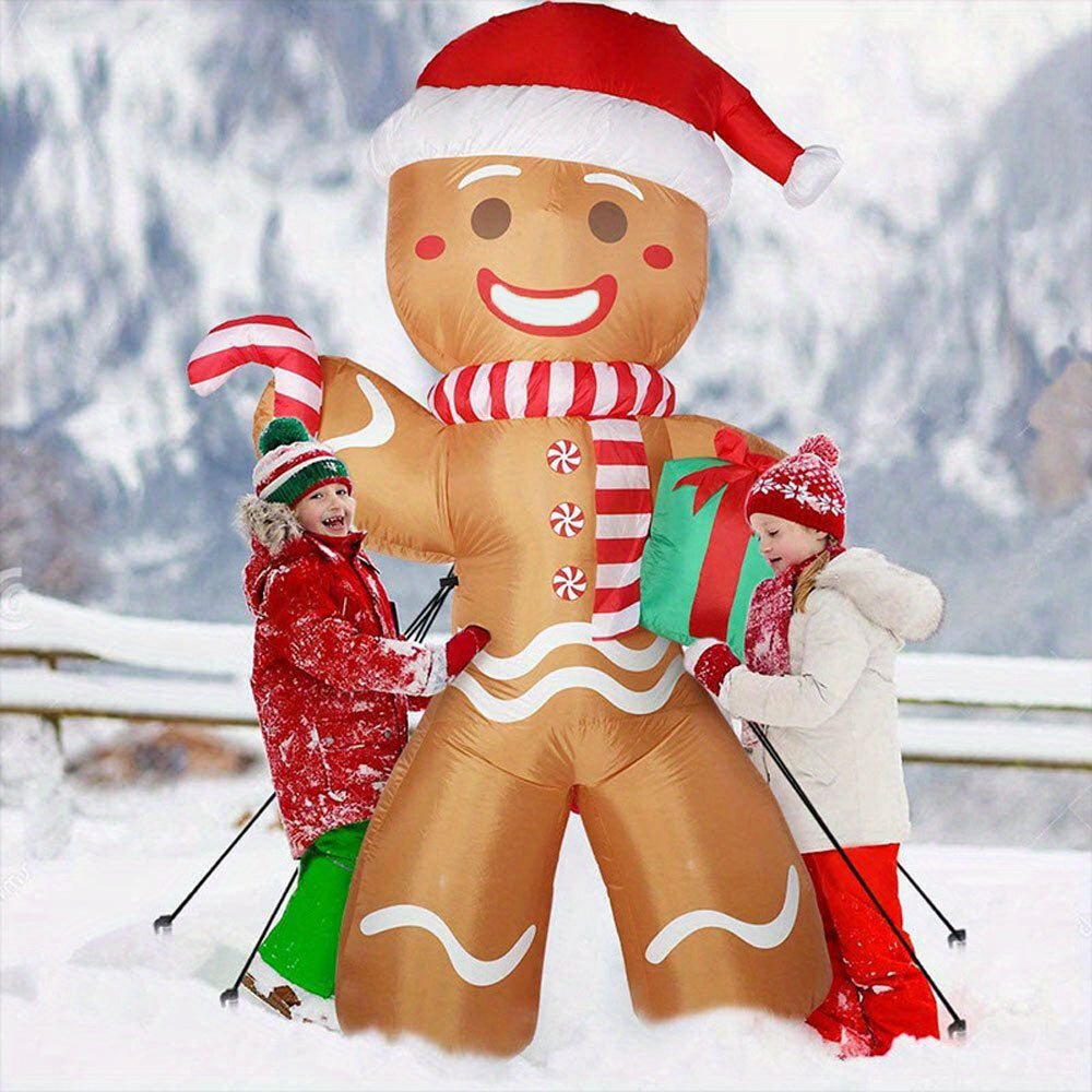 243.84cm Large Gingerbread Man Inflatable with Red & White Striped Scarf, Green Gift Box & Candy Canes - Outdoor Holiday Decoration for Christmas, No Electricity Needed, Festive Yard Display, Inflatable Christmas Decorations,