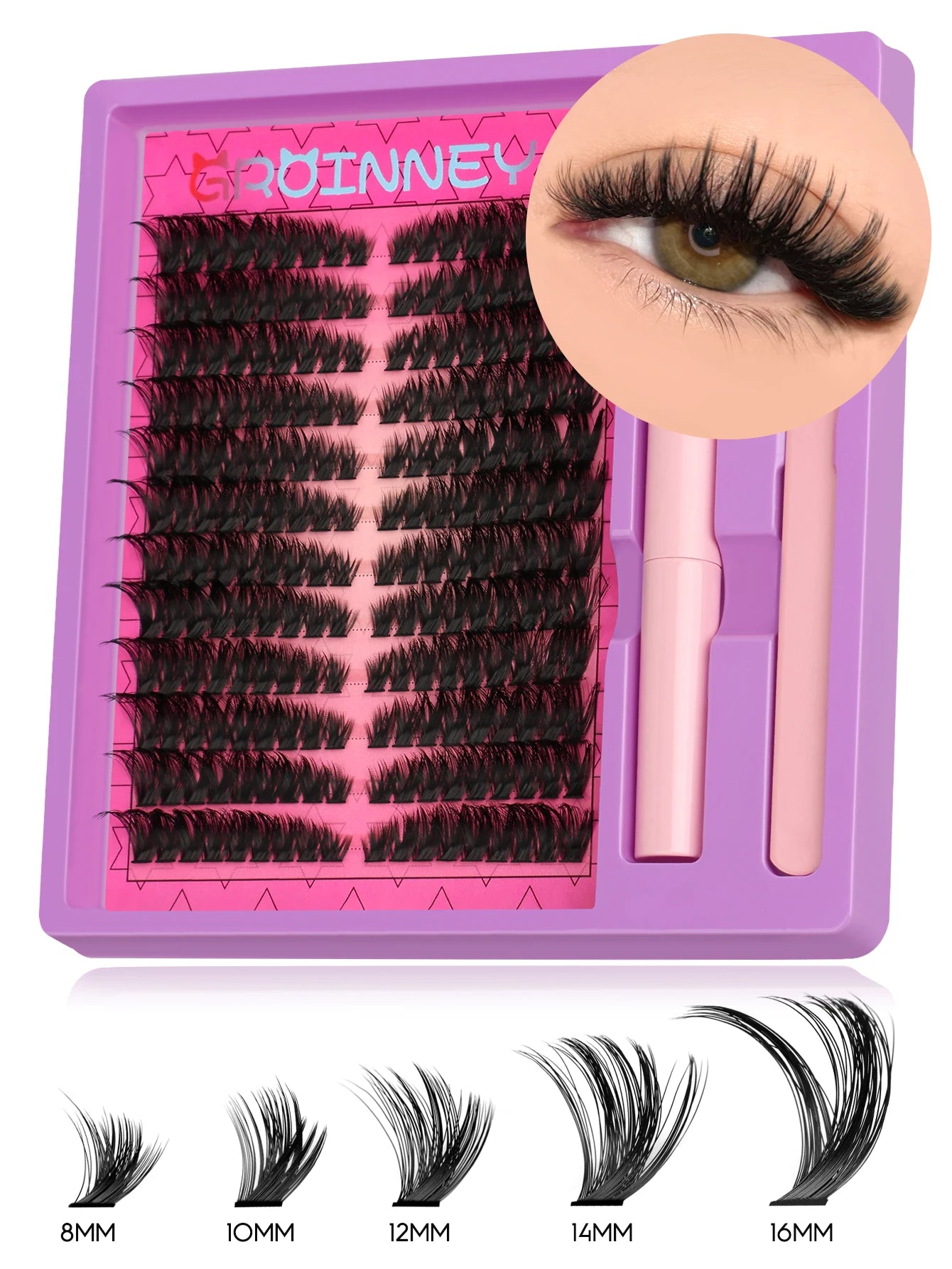 GROINNEYA LuxeCat DIY Lash Extension Kit – Mixed-Length Clusters with Bond, Seal & Tweezers