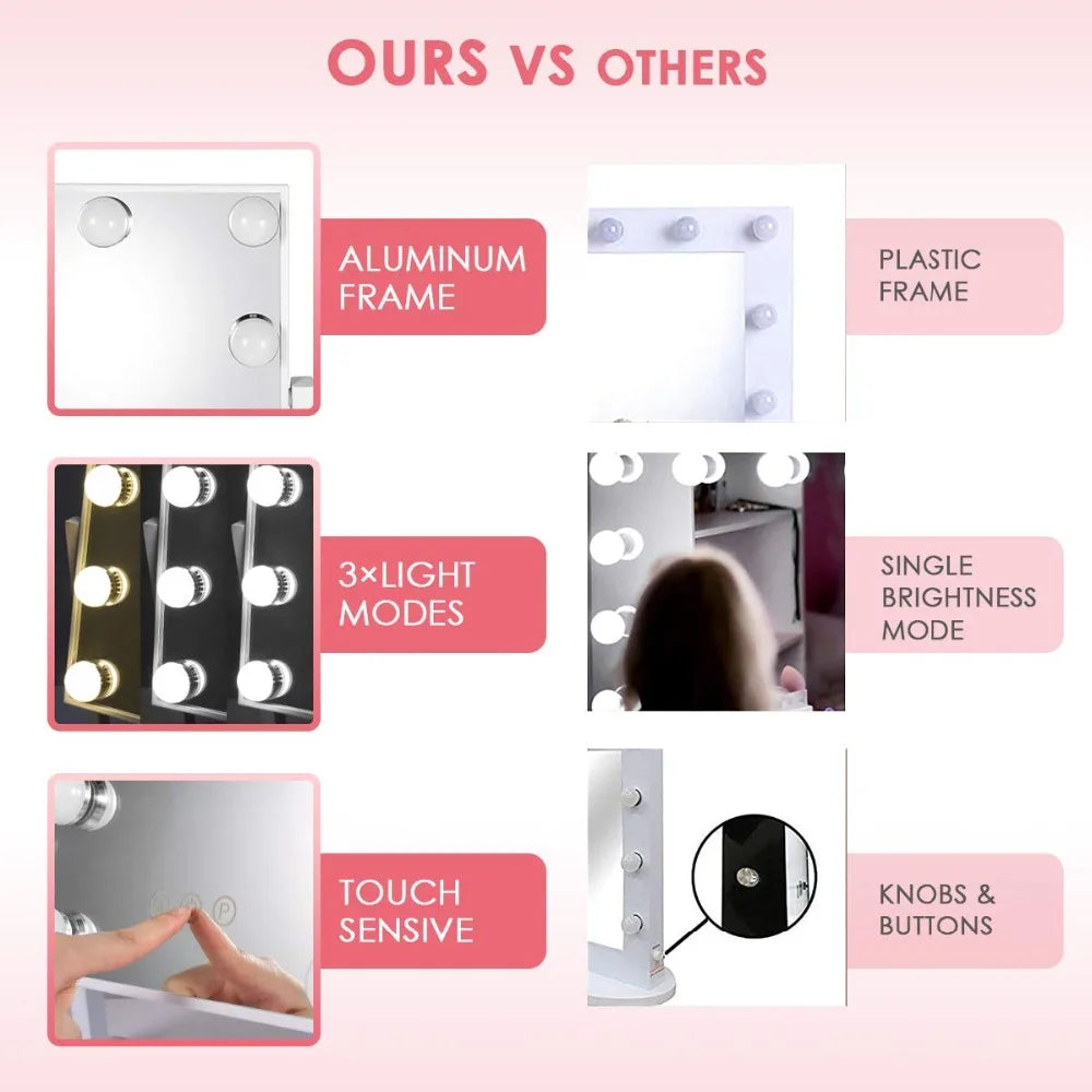 Large Vanity Mirror with Lights Makeup Mirror 17 LED Bulbs 3 Color Lighting Cosmetics for Dressing Bedroom Tabletop White