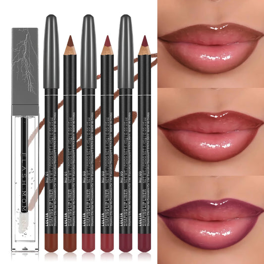 4-Pack Lip Liner and Lip Oil Set - Smooth Lip Liners for Defined Contours & Moisturizing Lip Oils for Luxurious Shine - Perfect