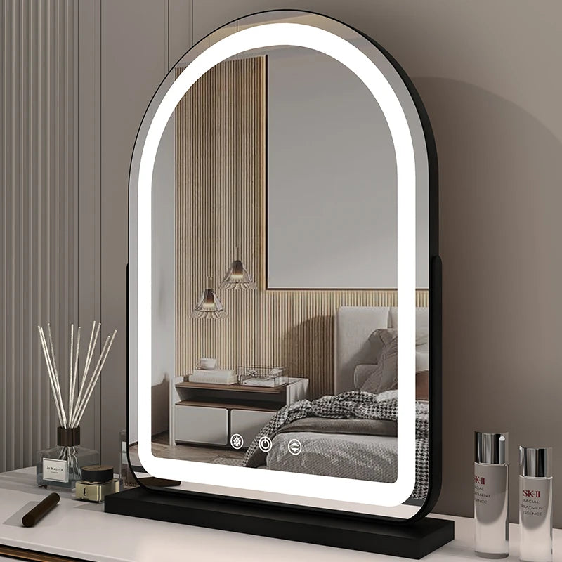 LED Lighted Arched Large Vanity Lighted Makeup Mirror for Bedroom Smart Touch Control 3 Color Lighting Modes Detachable 15x