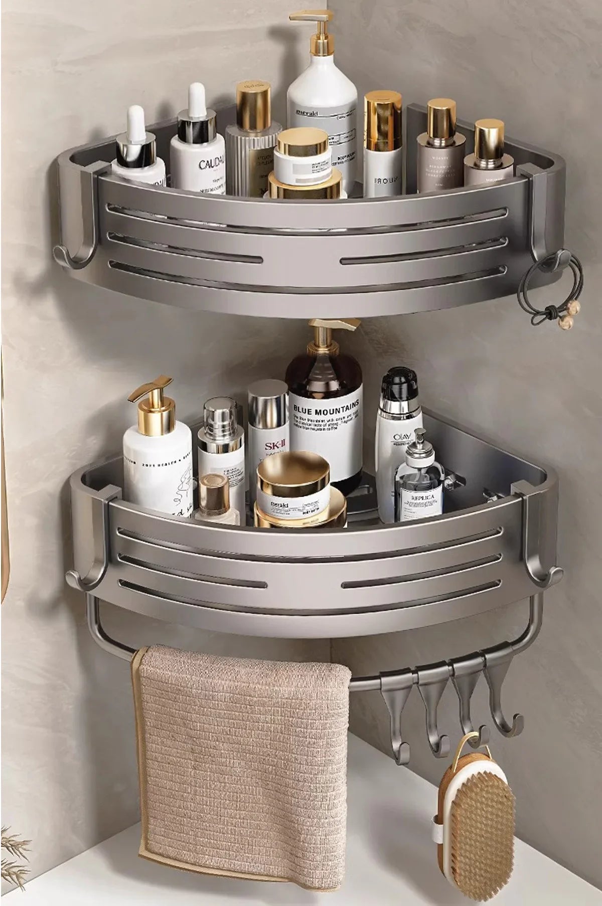 1-2PCS Shower Corner Shelf with Towel Bar Hook Space Aluminum Bathroom Shelf Without Drilling Shampoo Holder Bathroom Accessorie
