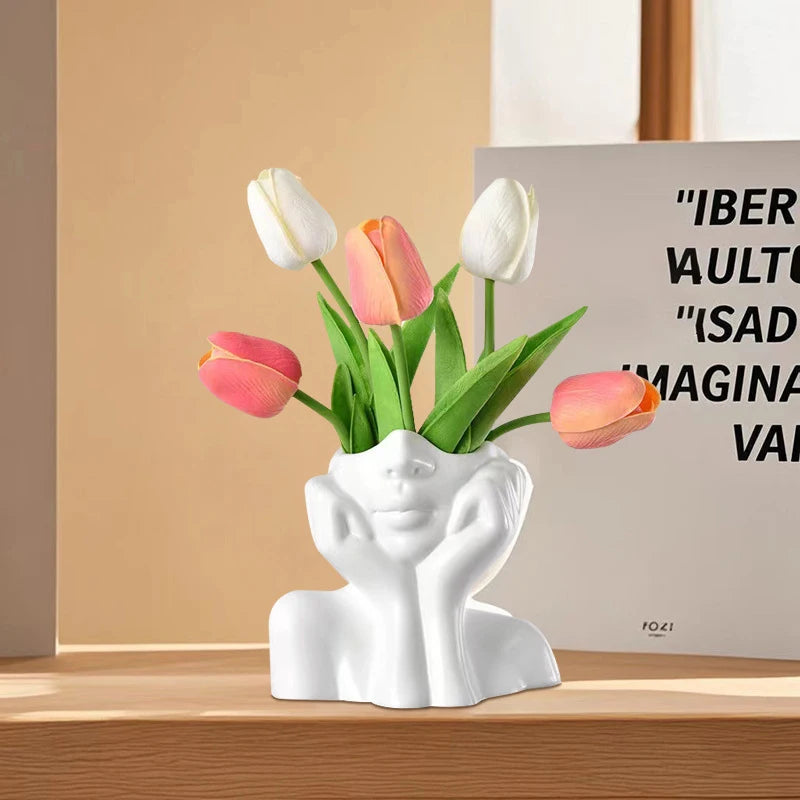 Ins Nordic Style Vinyl Vase Thinking Girl Shaping Art Flower Planter Personalized And Creative Decor Handicrafts Ornament