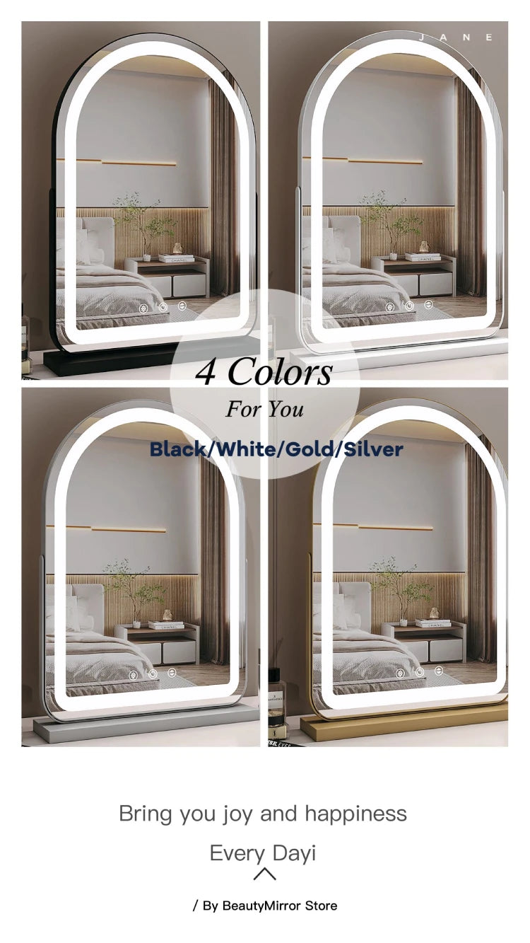LED Lighted Arched Large Vanity Lighted Makeup Mirror for Bedroom Smart Touch Control 3 Color Lighting Modes Detachable 15x