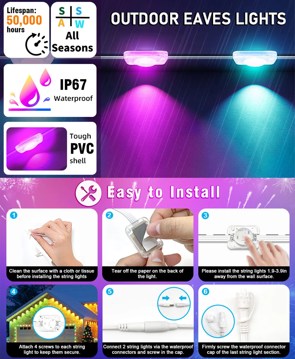 60M Smart RGB Eave Lights App & Remote IP67 Permanent Outdoor LED String Lights Home New Year Christmas Birthday DIY Lighting