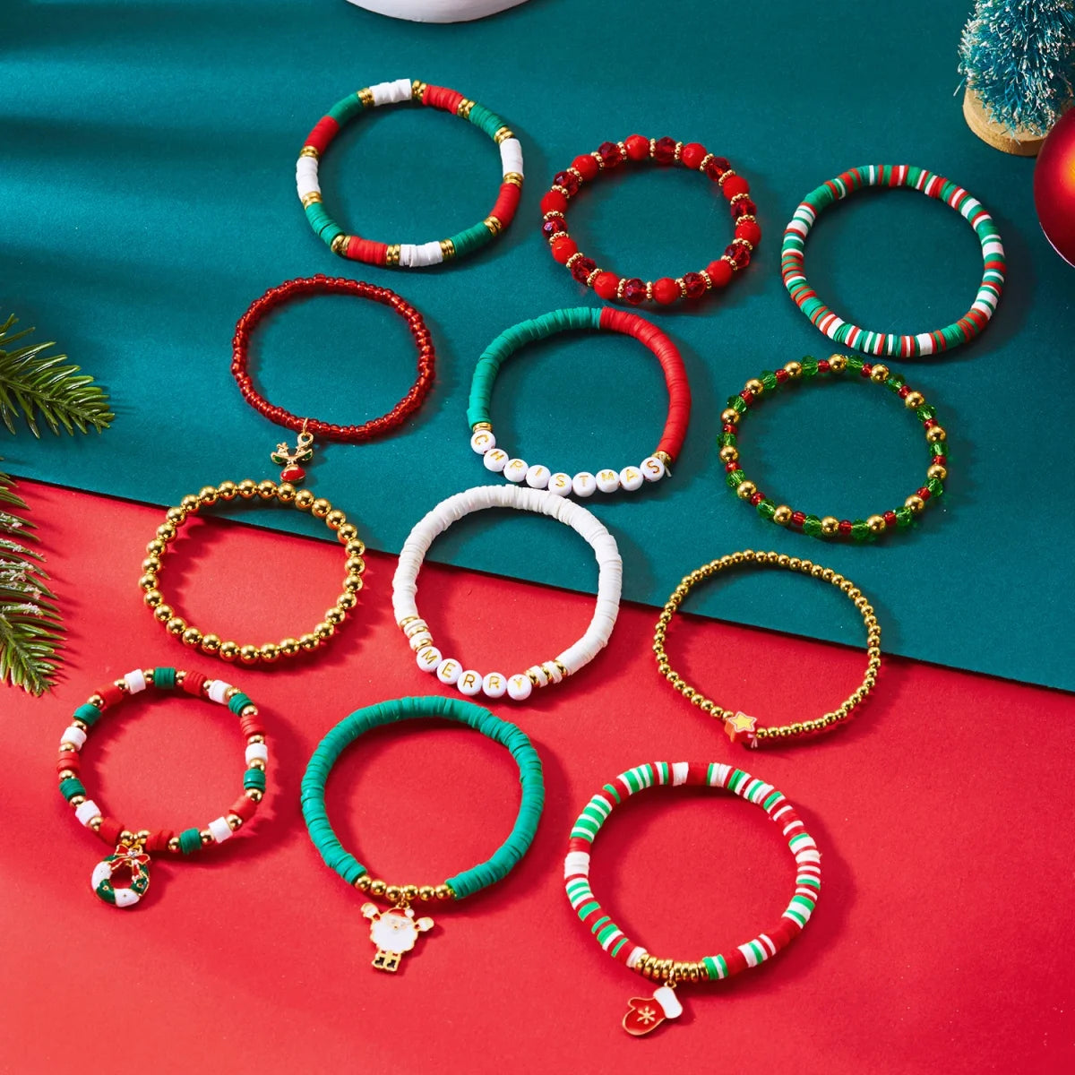 12Pcs/Set Christmas Bracelet Set Santa Claus Wreath Reindeer Xmas Tree Soft Clay Beaded Holiday Party Jewelry Gift For Women Men