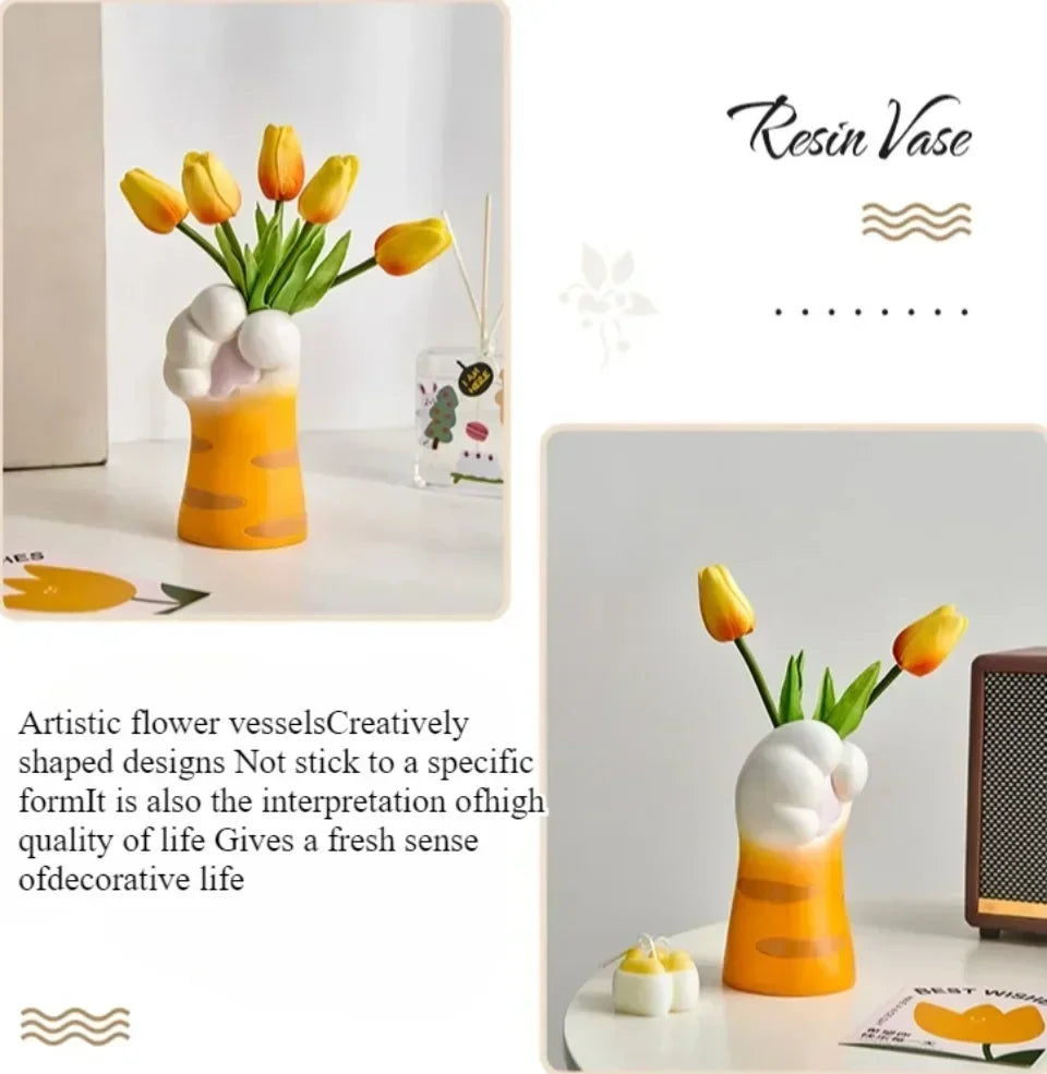 Vase Cat Claw Resin Craft Flower Pot Modern Desktop Cat Paw Ornaments Home Decoration Multifunction Simple Creative Cartoon Vase