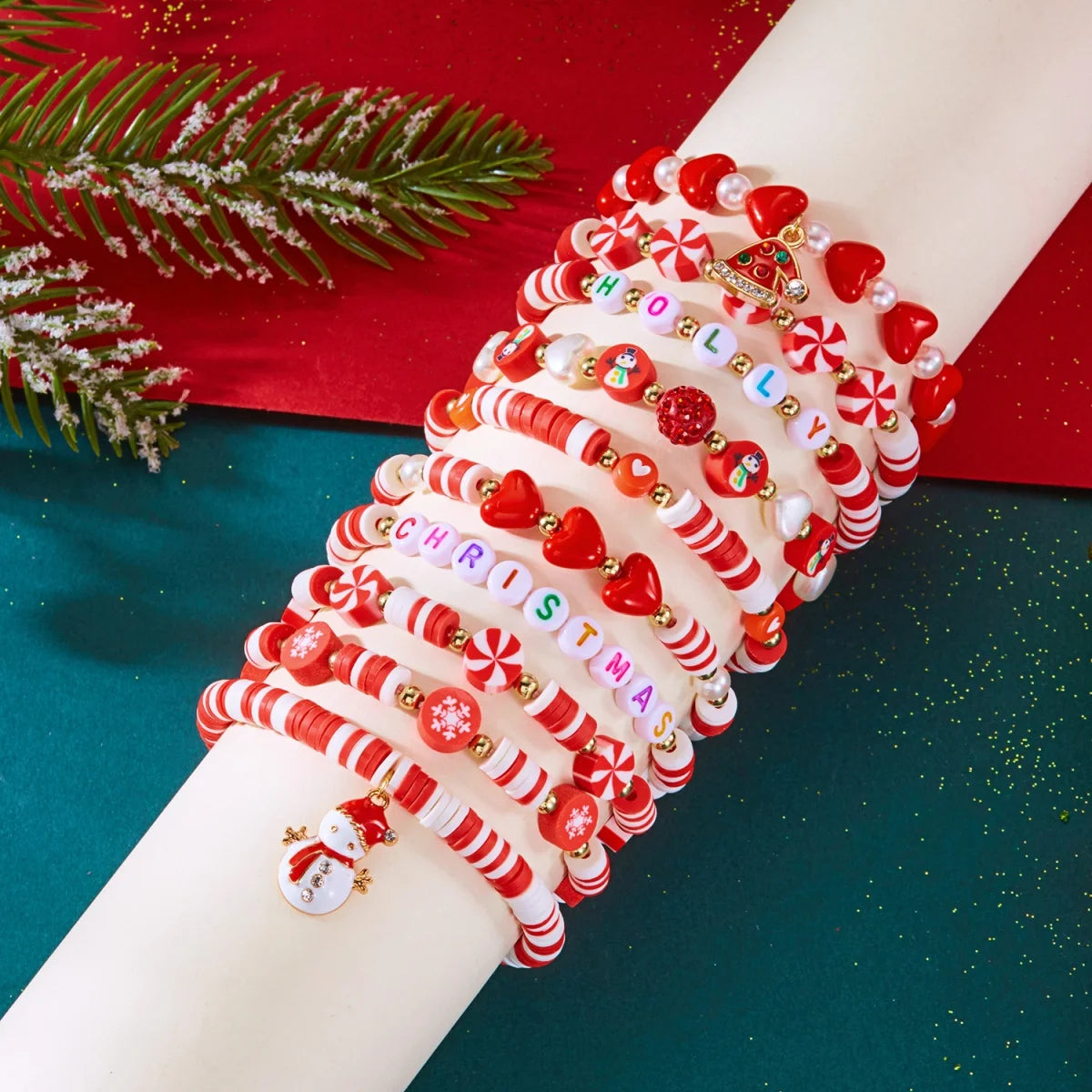 10Pcs/Set Multilayer Christmas Bracelet Snowman Tree Gift Box Snowflake Santa Claus Soft Clay Beads Bangle For Women Men Jewelry