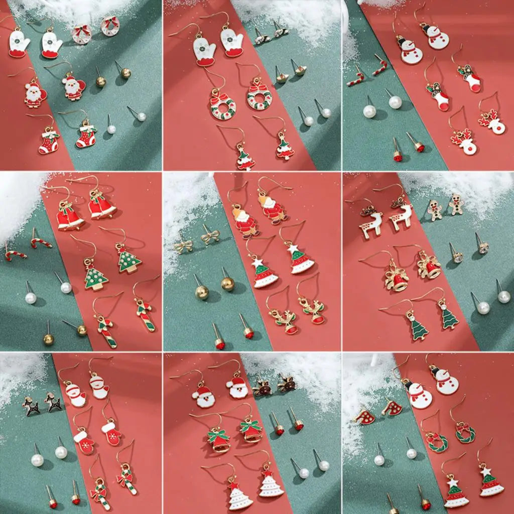 6 Pairs Christmas Earrings Xmas Tree Elk Snowman Santa Claus Cute Ear Stud Dangle Earrings Christmas Gifts For Women Girls Kids