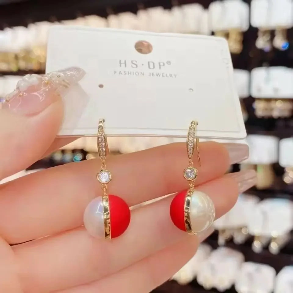 Luxury Gold Color Zircon Bowknot Stud Earrings For Women Red Pearl Flower Festive Earring Girls New Year Christmas Jewelry Gifts