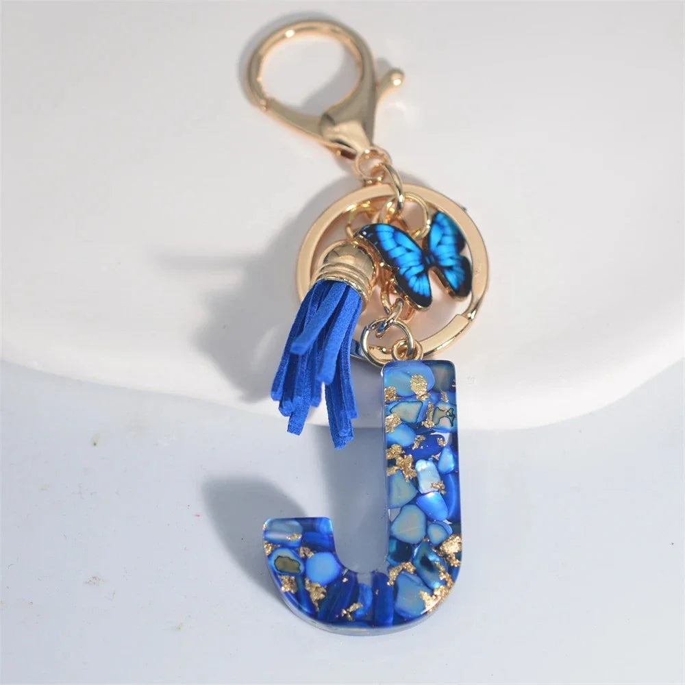 Personalized Glazed Stone Letter Keychain – Elegant A–Z Monogram with Tassel & Butterfly