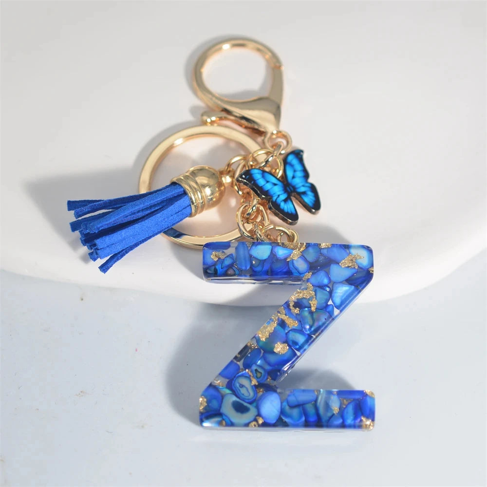 Personalized Glazed Stone Letter Keychain – Elegant A–Z Monogram with Tassel & Butterfly