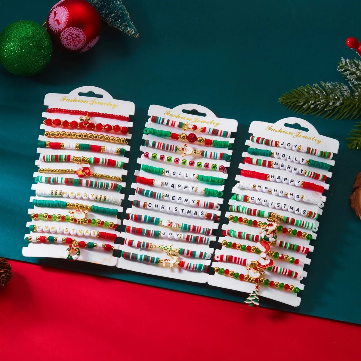 12Pcs/Set Christmas Bracelet Set Santa Claus Wreath Reindeer Xmas Tree Soft Clay Beaded Holiday Party Jewelry Gift For Women Men