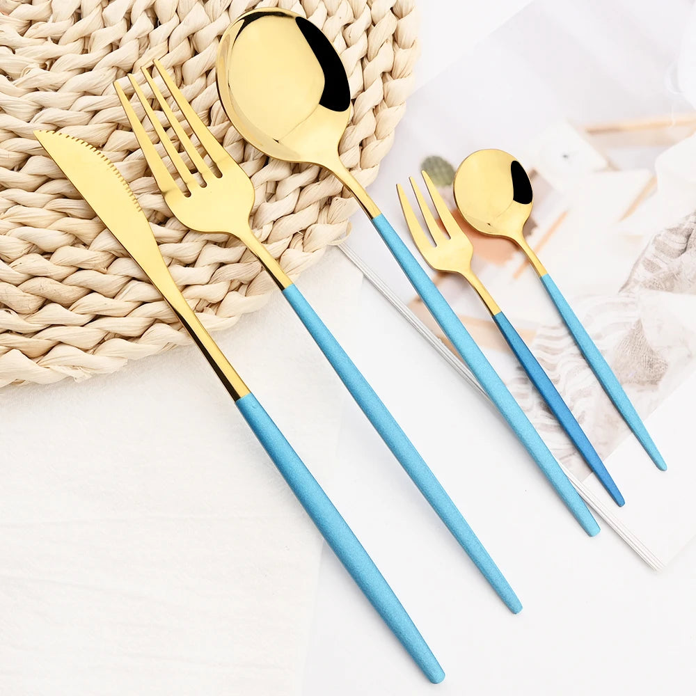 36pcs Black Gold Cutlery Set Knife Fork Spoon Chopsticks Dinnerware Set Stainless Steel Cake Forks Teaspoons Tableware Flatware