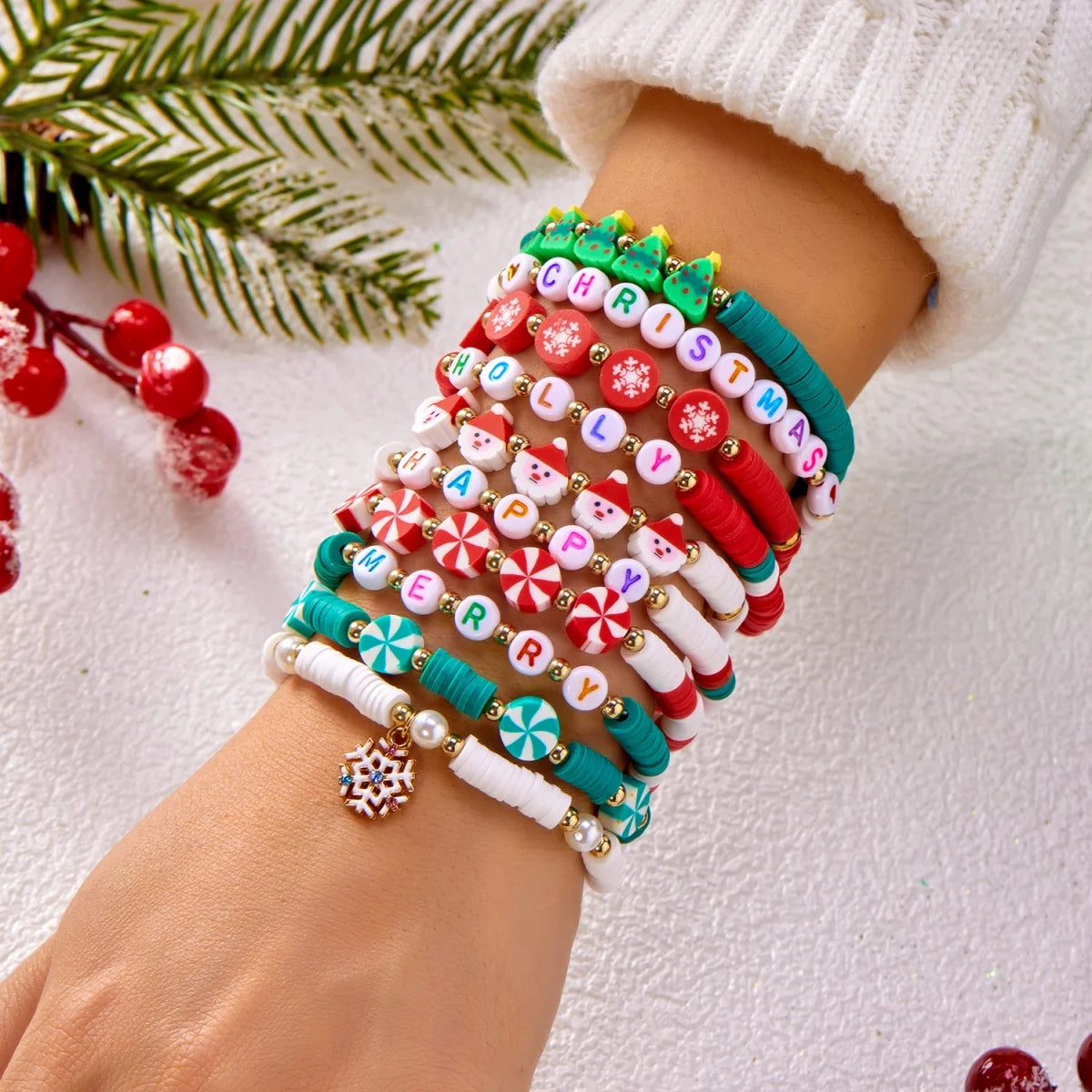 10Pcs/Set Multilayer Christmas Bracelet Snowman Tree Gift Box Snowflake Santa Claus Soft Clay Beads Bangle For Women Men Jewelry