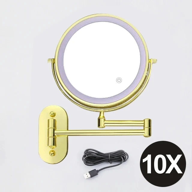 8 Inch Gold Wall Mounted Makeup LED Mirror 3X-10X Magnifying USB Charing Double Side Bathroom Smart 3 color Cosmetic Mirror