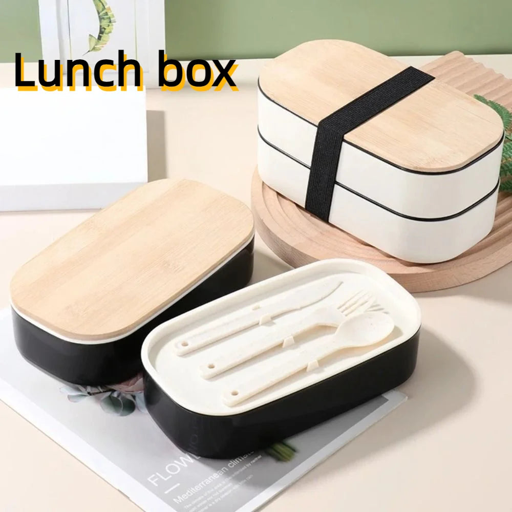 1200ML Divided Lunch Box Picnic Microwave Wooden Cover Japanese Bento Box Portable Double Layer Food Container For Kids