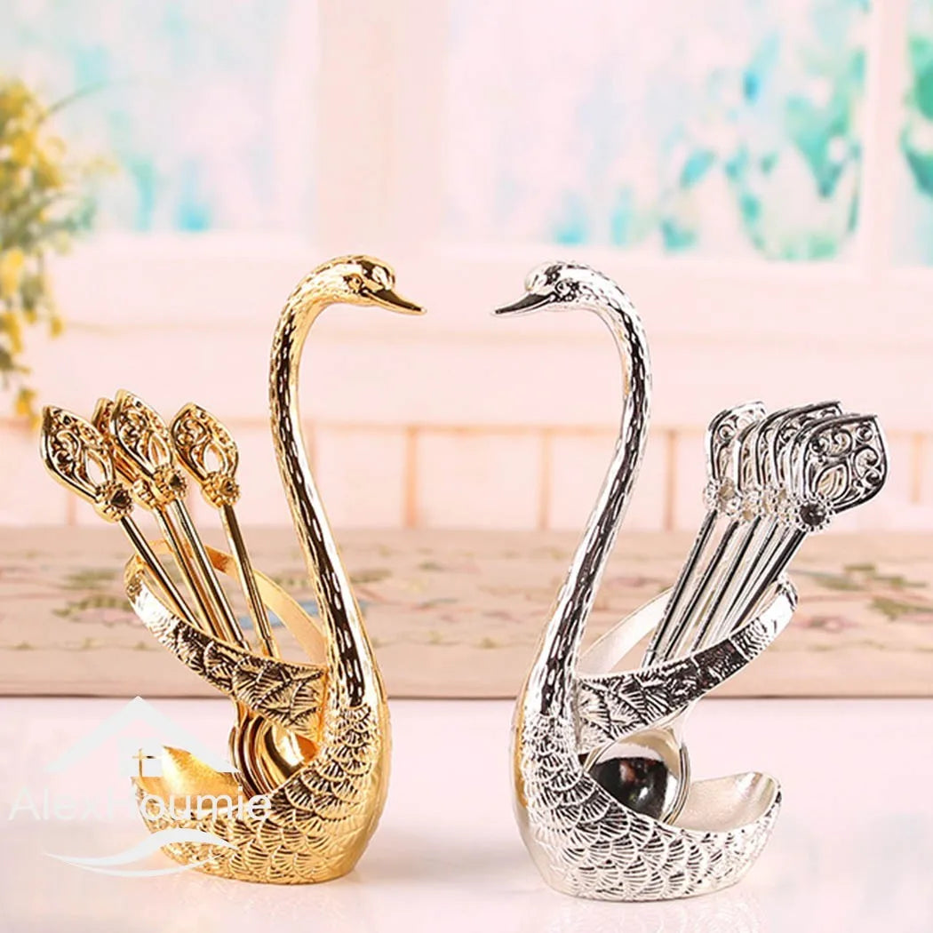Ice Cream Cake Coffee Tea Stirring Spoons Dessert Swan Holder Cutlery Spoons Set Cutlery Kitchen Tableware 1 Set of 7 Pieces