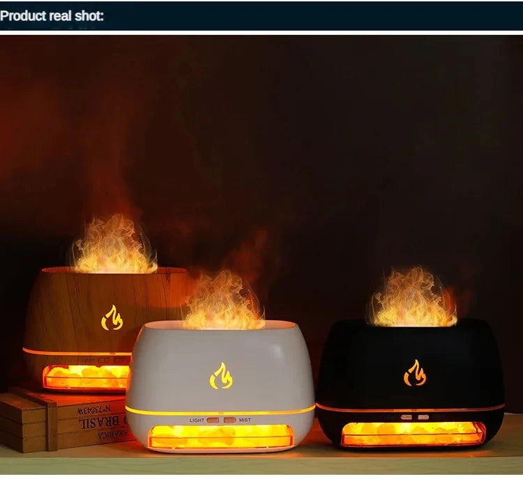 New 3D Flame Fire Aroma Air Humidifier Himalayan Crystal Salt Stone Colorful Night Light Aromatherapy Essential Oil Diffuser