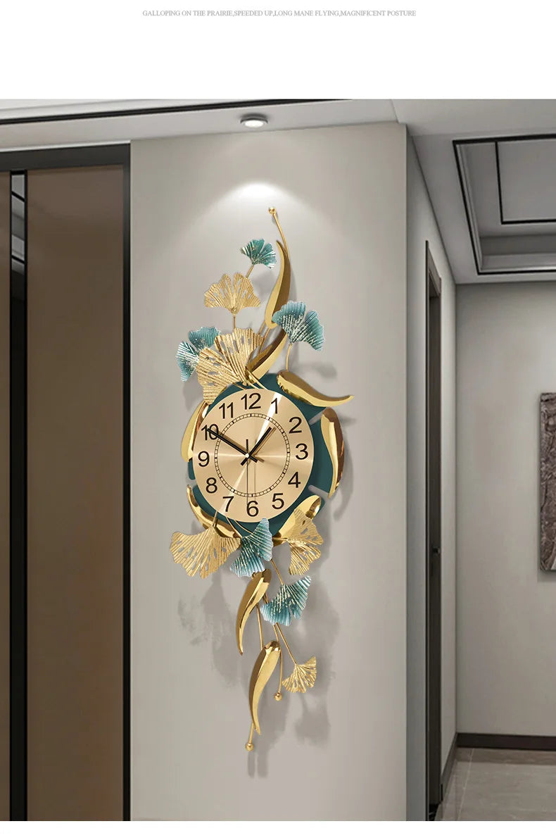 Living Room Creative Metal Decorative Clock Ginkgo Leaf Fish Large Wall Clock Hotel Lobby Home Porch Decorations Silent Watch