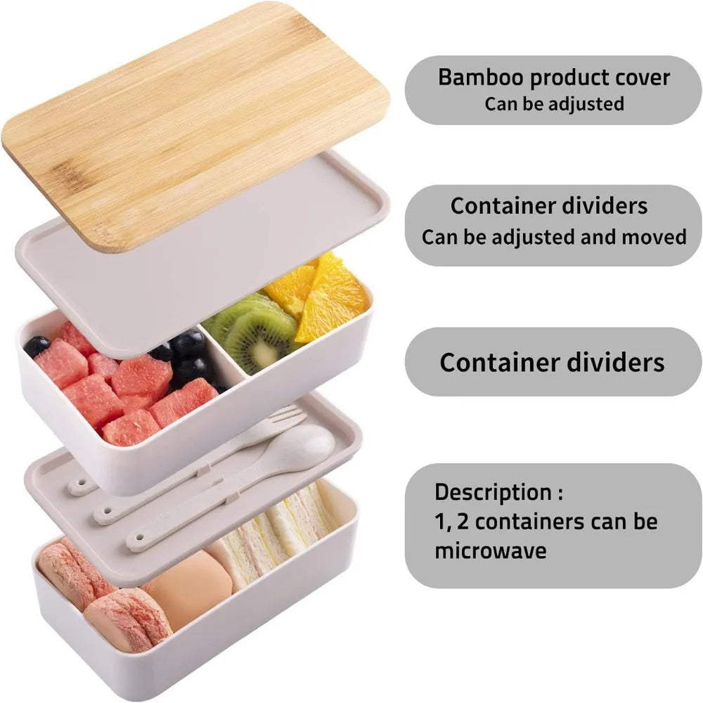 1200ML Divided Lunch Box Picnic Microwave Wooden Cover Japanese Bento Box Portable Double Layer Food Container For Kids