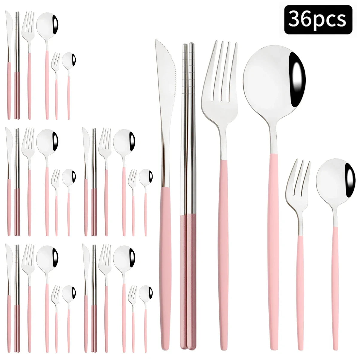 36pcs Black Gold Cutlery Set Knife Fork Spoon Chopsticks Dinnerware Set Stainless Steel Cake Forks Teaspoons Tableware Flatware