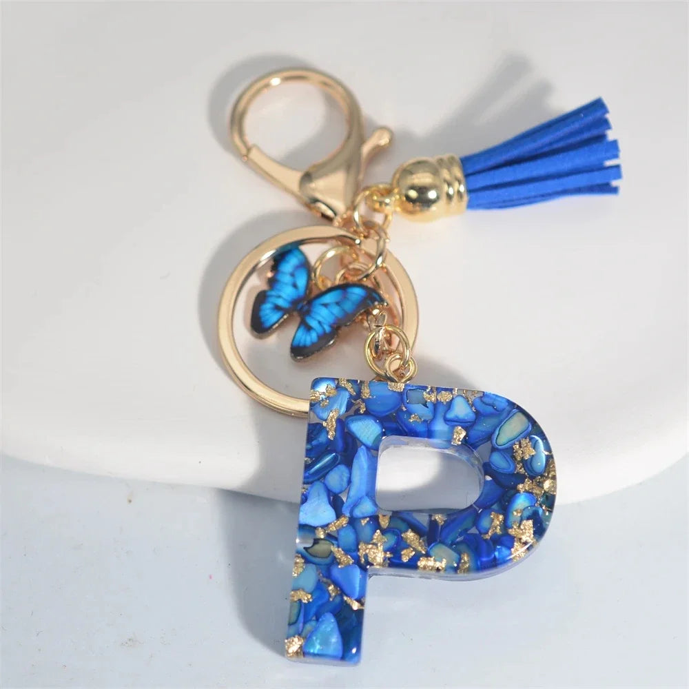 Personalized Glazed Stone Letter Keychain – Elegant A–Z Monogram with Tassel & Butterfly
