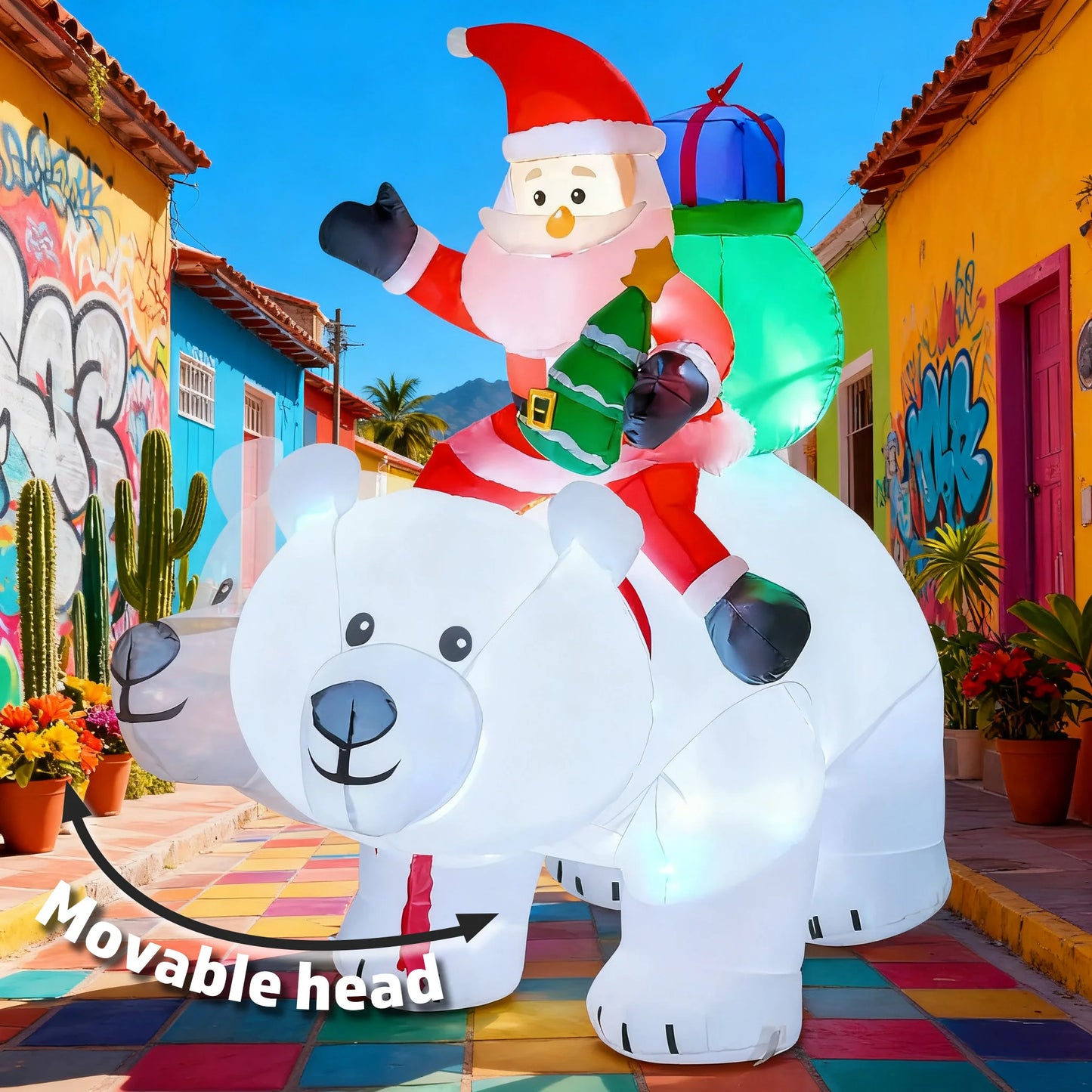 6FT Movable Head Bear Santa Christmas Inflatable Yard Outdoor Decorations with LED Light Blow Up Home Outdoor Holiday Decor