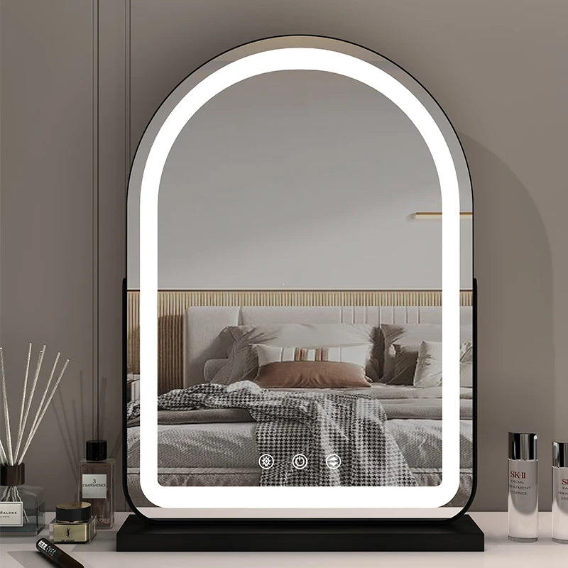 LED Lighted Arched Large Vanity Lighted Makeup Mirror for Bedroom Smart Touch Control 3 Color Lighting Modes Detachable 15x