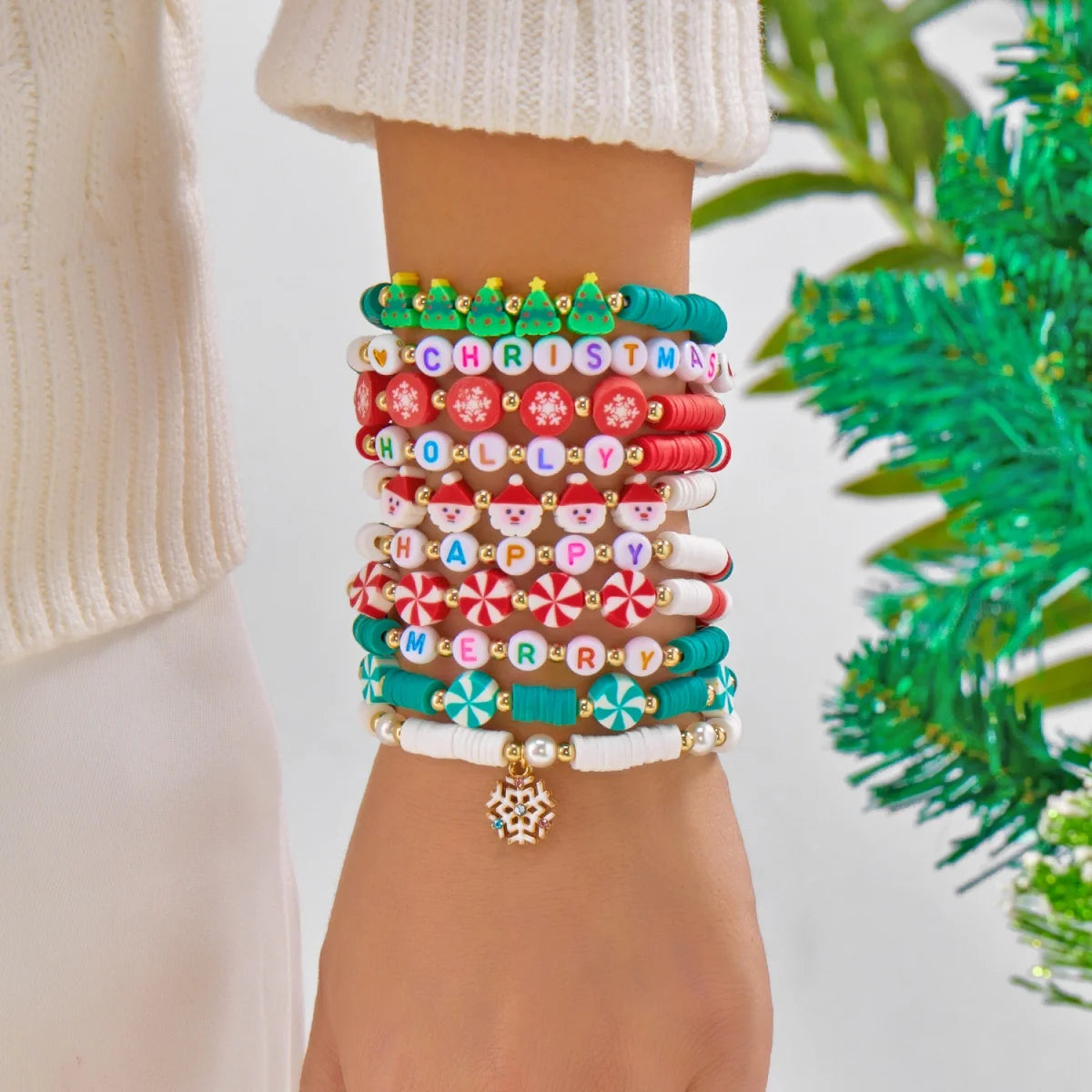 10Pcs/Set Multilayer Christmas Bracelet Snowman Tree Gift Box Snowflake Santa Claus Soft Clay Beads Bangle For Women Men Jewelry