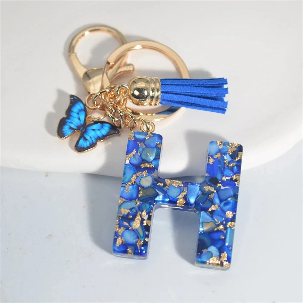 Personalized Glazed Stone Letter Keychain – Elegant A–Z Monogram with Tassel & Butterfly