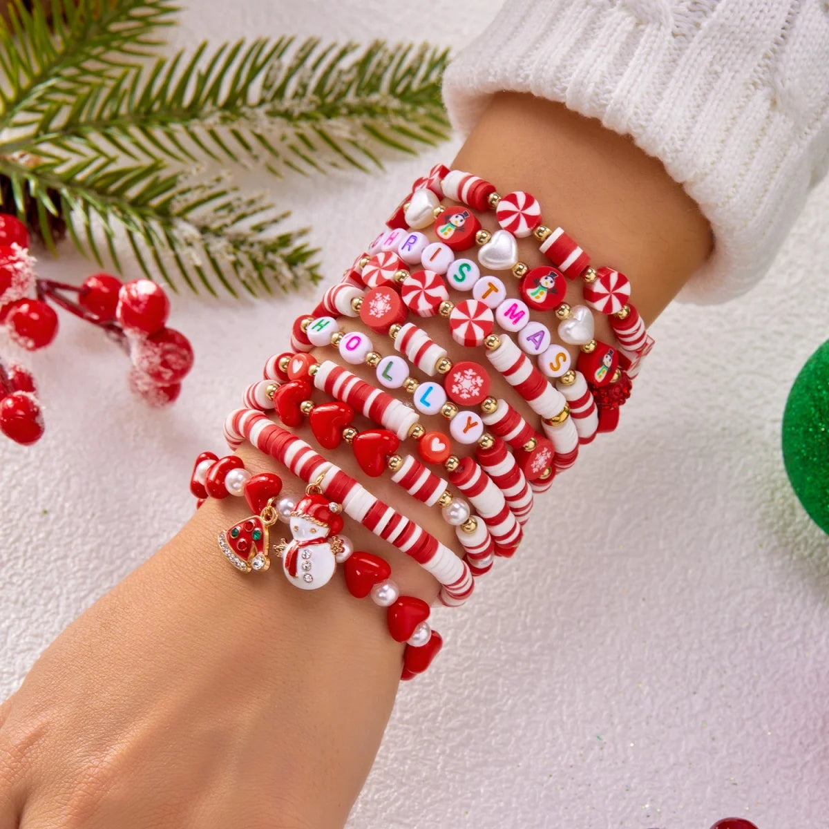 10Pcs/Set Multilayer Christmas Bracelet Snowman Tree Gift Box Snowflake Santa Claus Soft Clay Beads Bangle For Women Men Jewelry