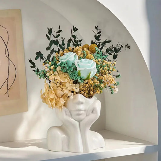Resin Face Vase - Multifunctional Makeup Brush Holder & Pen Organizer, Minimalist Dried Floral Arrangement with Storage