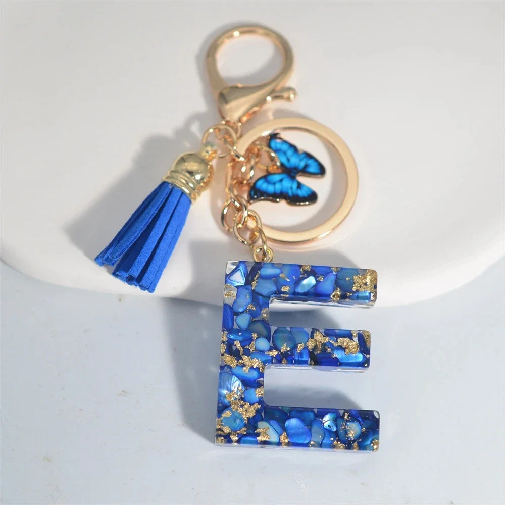 Personalized Glazed Stone Letter Keychain – Elegant A–Z Monogram with Tassel & Butterfly