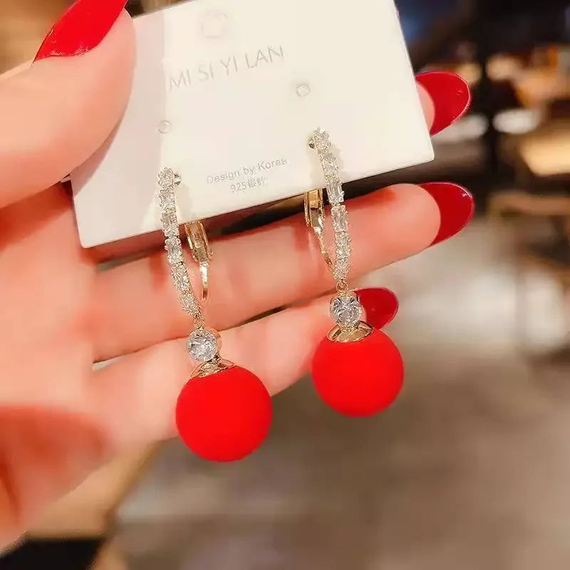 Luxury Gold Color Zircon Bowknot Stud Earrings For Women Red Pearl Flower Festive Earring Girls New Year Christmas Jewelry Gifts