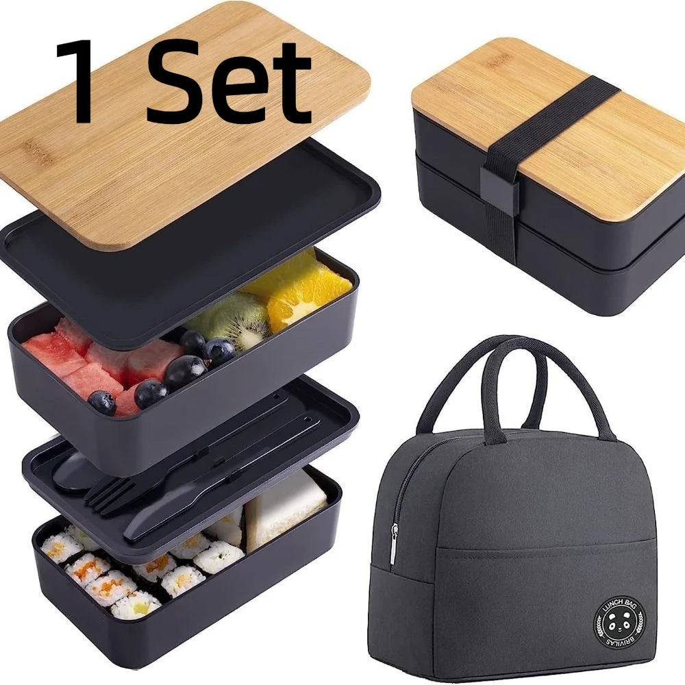1200ML Divided Lunch Box Picnic Microwave Wooden Cover Japanese Bento Box Portable Double Layer Food Container For Kids