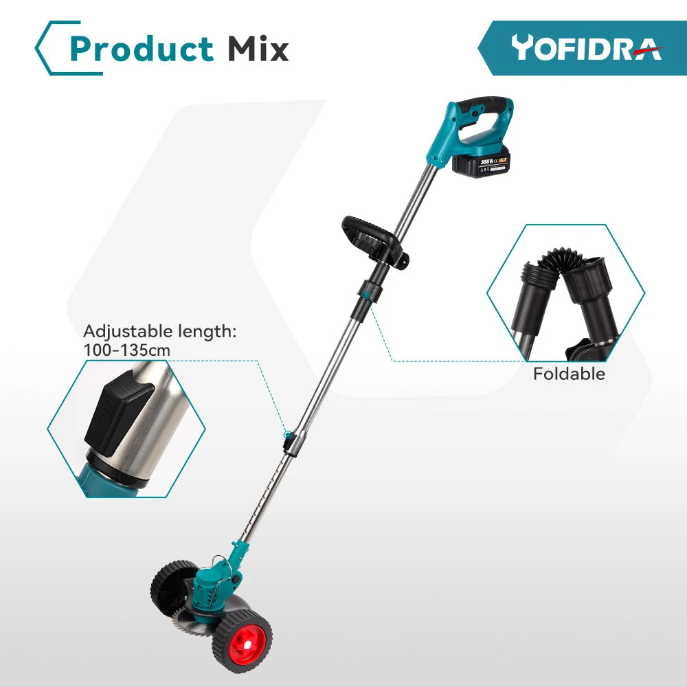YOFIDRA Electric Lawn Mower Length Adjustable Cutter Cordless Garden Grass Cutting Trimmer Fit For 21V 18V Battery Pins