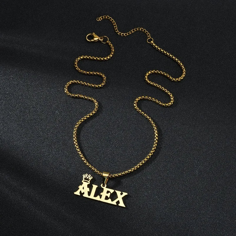 Royal Elegance: Custom Stainless Steel Name Necklace with Crown Pendant & Thick Chain