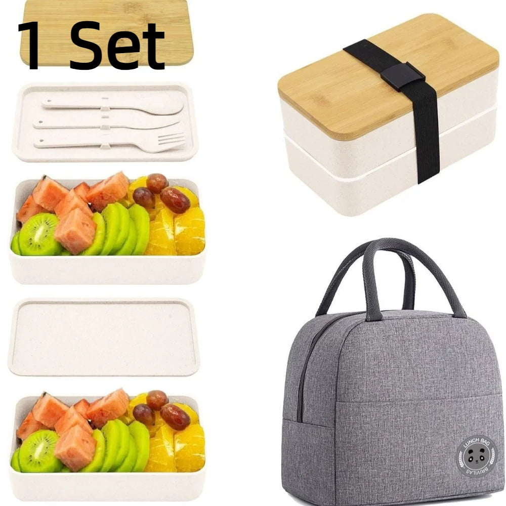 1200ML Divided Lunch Box Picnic Microwave Wooden Cover Japanese Bento Box Portable Double Layer Food Container For Kids